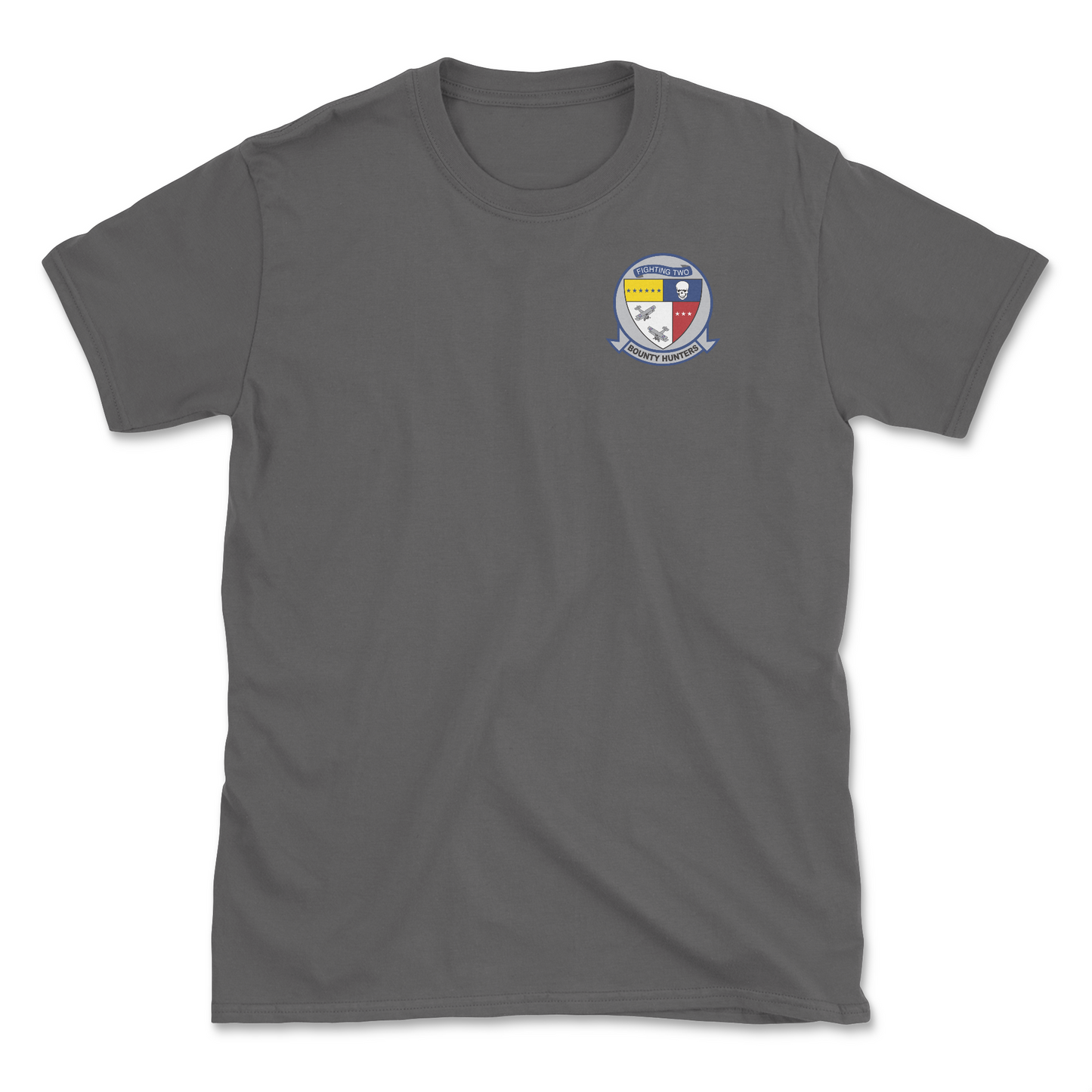 Charcoal t-shirt with squadron patch.