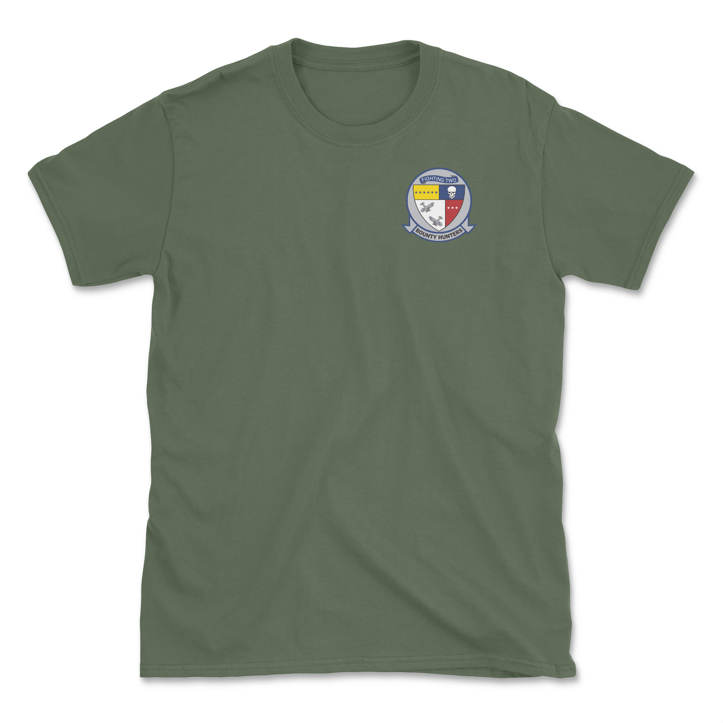 Military green t-shirt with squadron patch.