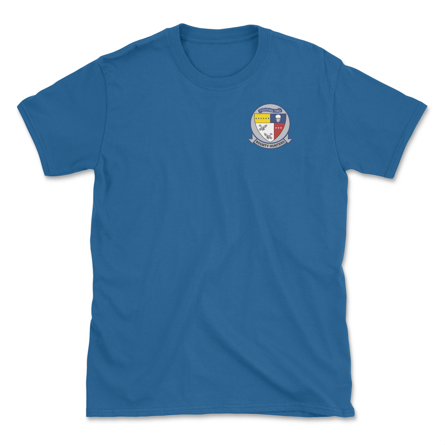 A royal blue t-shirt with squadron patch.