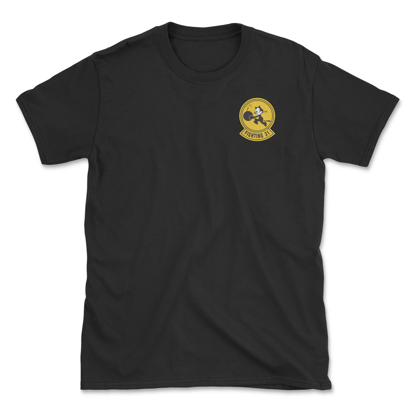 Black t-shirt with squadron patch.