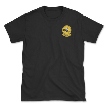 Black t-shirt with squadron patch.