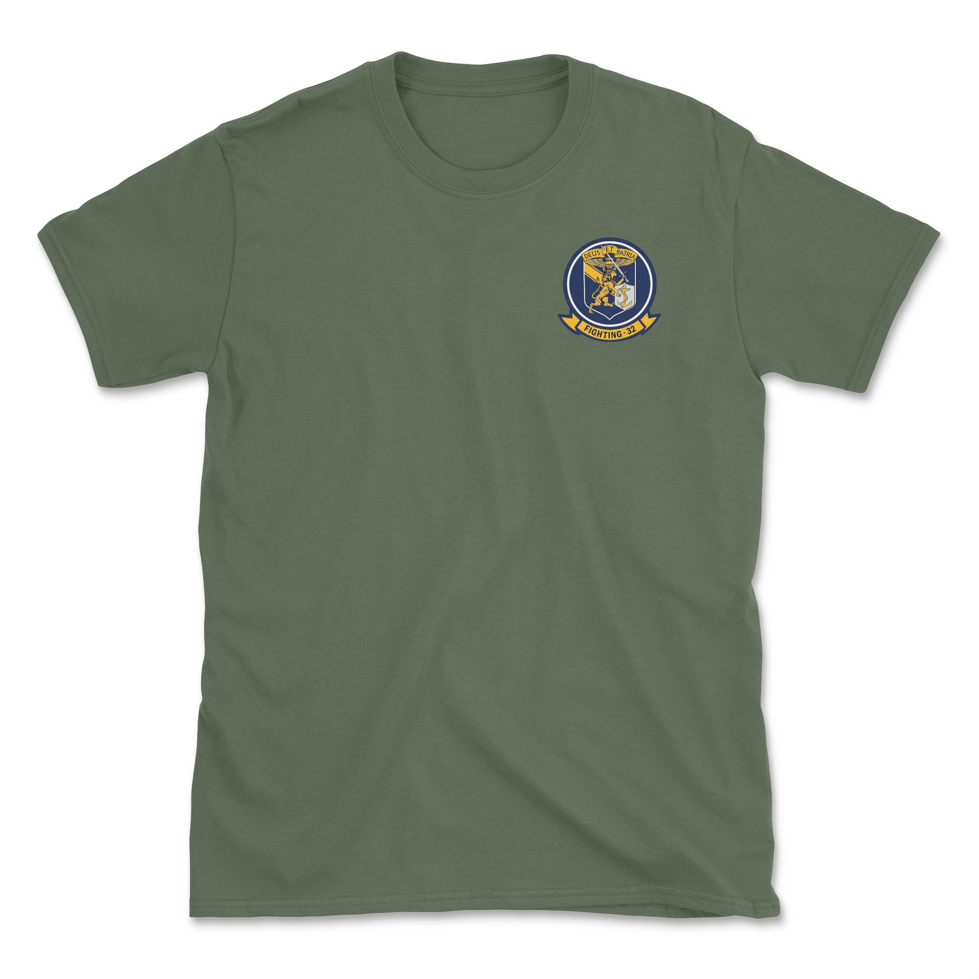 Military green t-shirt with squadron patch.