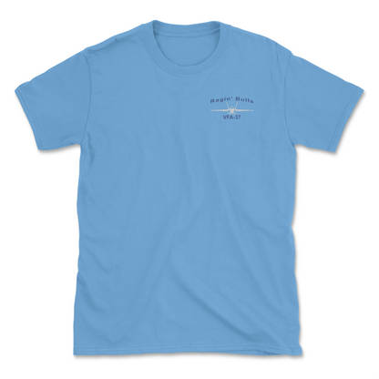 Blue t-shirt with an F/A-18 aircraft and squadron name.