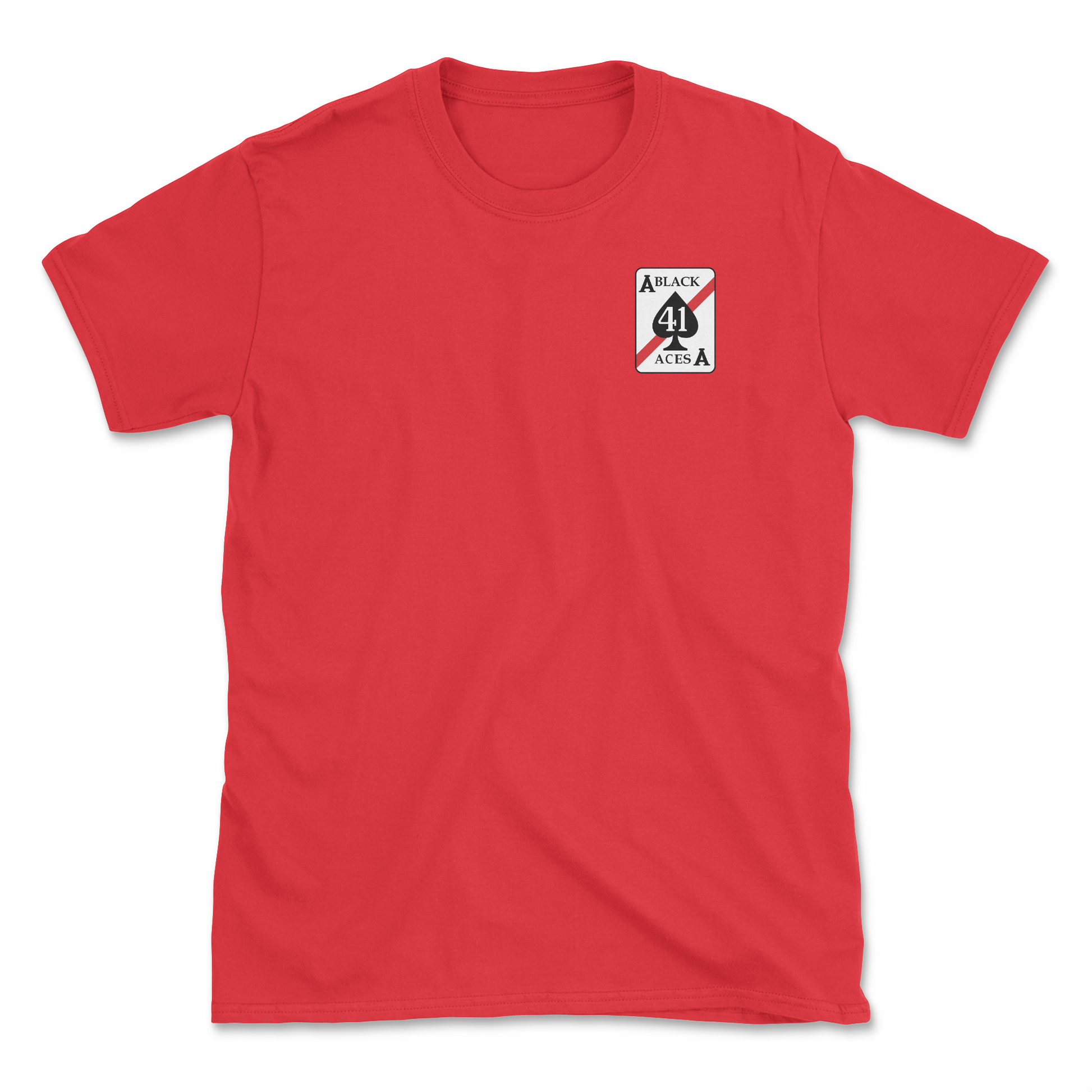 Red t-shirt with squadron patch.