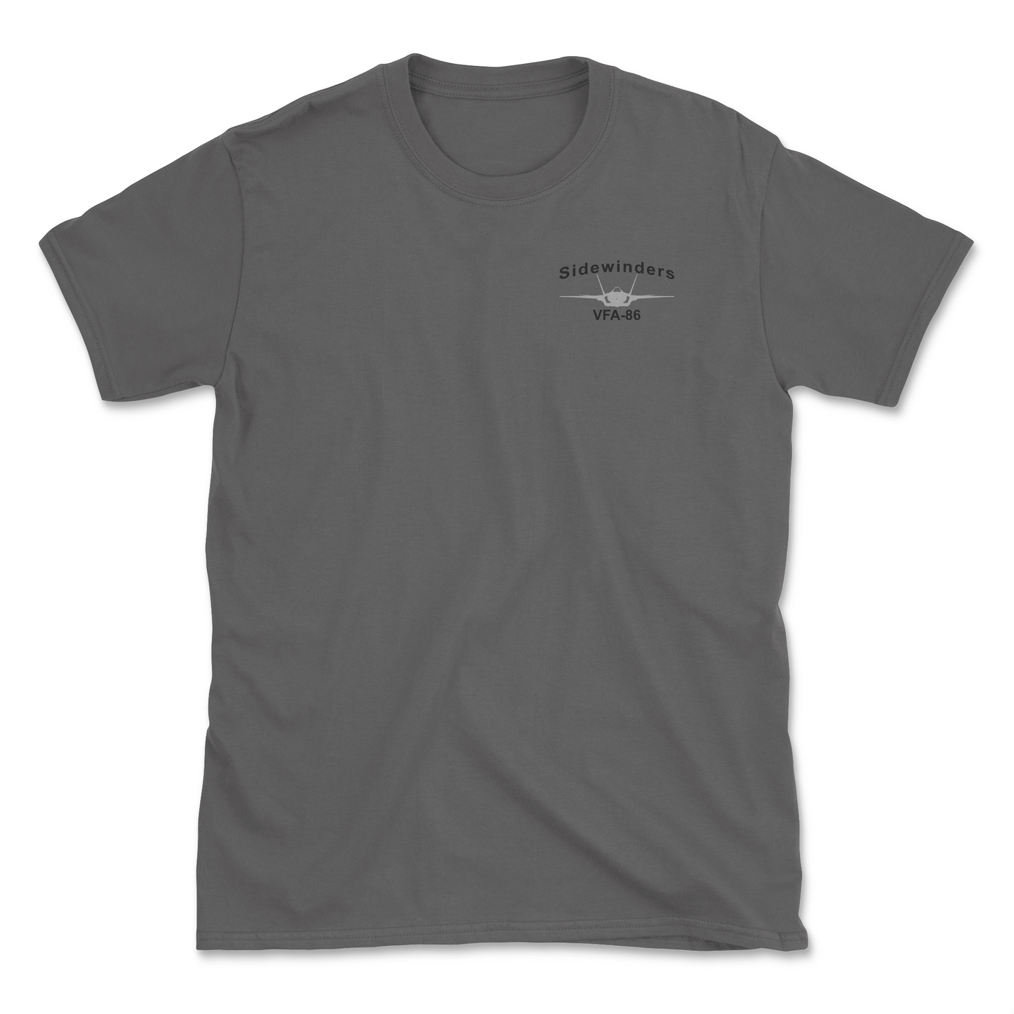 Charcoal t-shirt with an F-35 aircraft and squadron name.