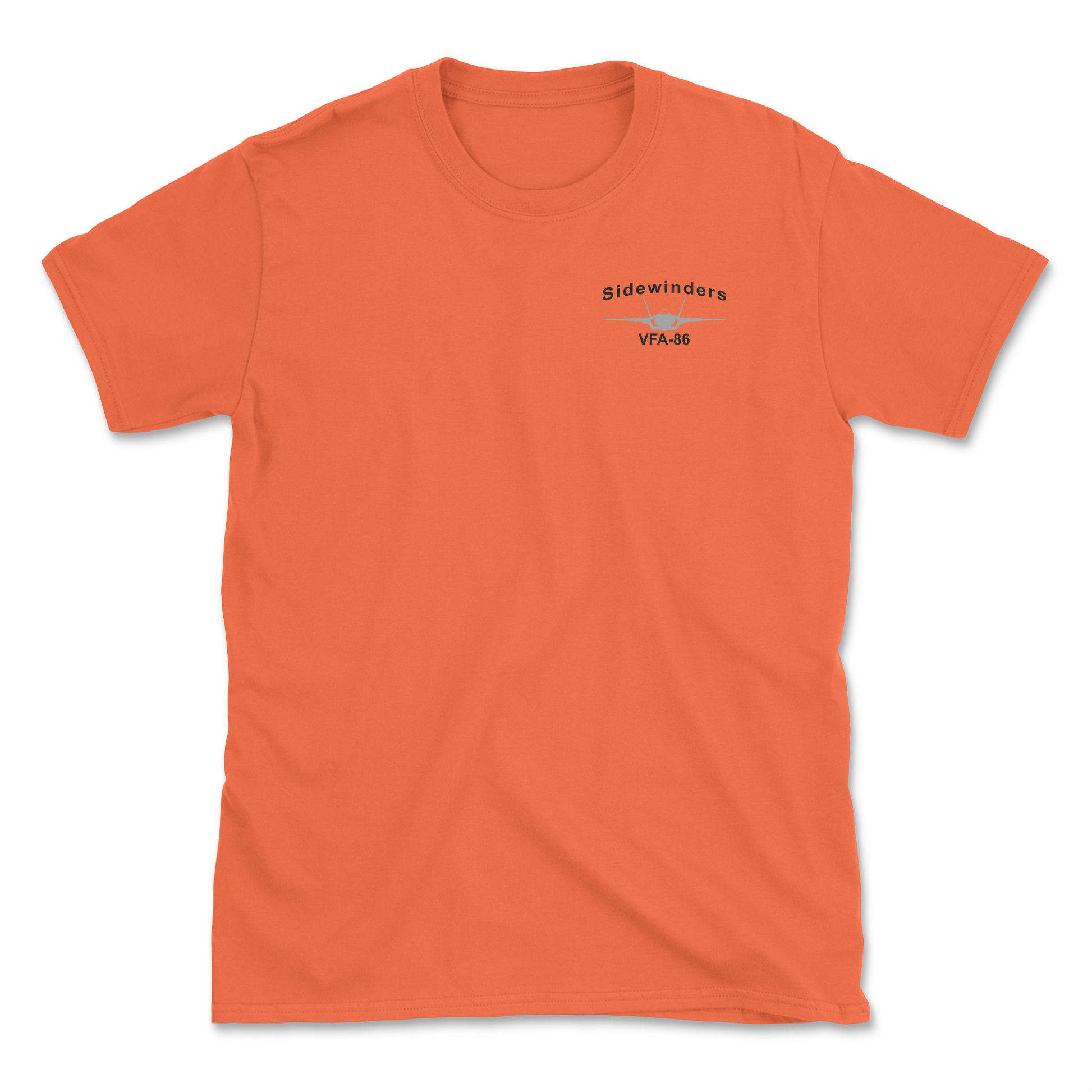 Orange t-shirt with an F-35 aircraft and squadron name.