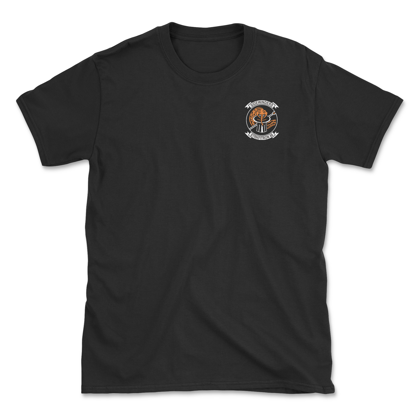 Black t-shirt with squadron patch.