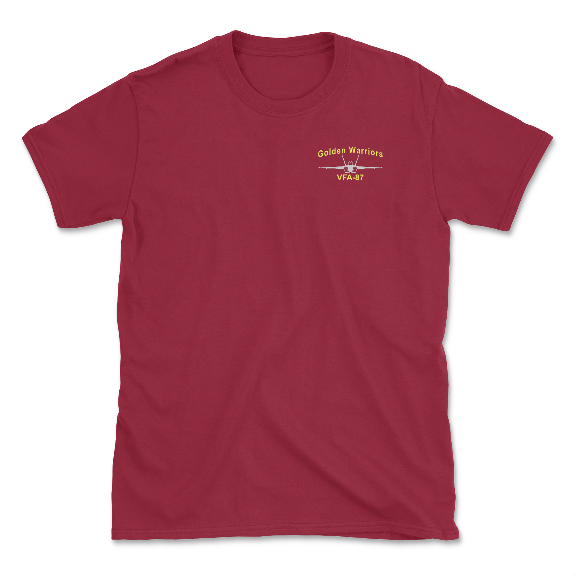 Red t-shirt with an F/A-18 aircraft and squadron name.