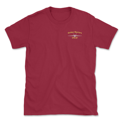 Red t-shirt with an F/A-18 aircraft and squadron name.