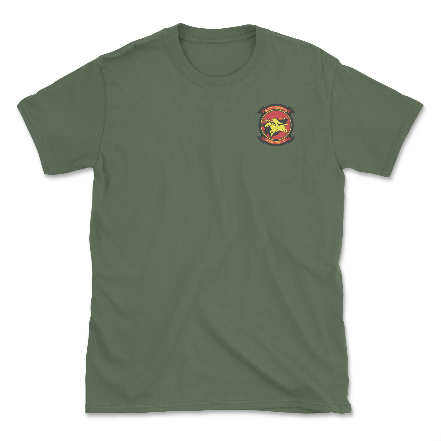 Military green t-shirt with squadron patch.