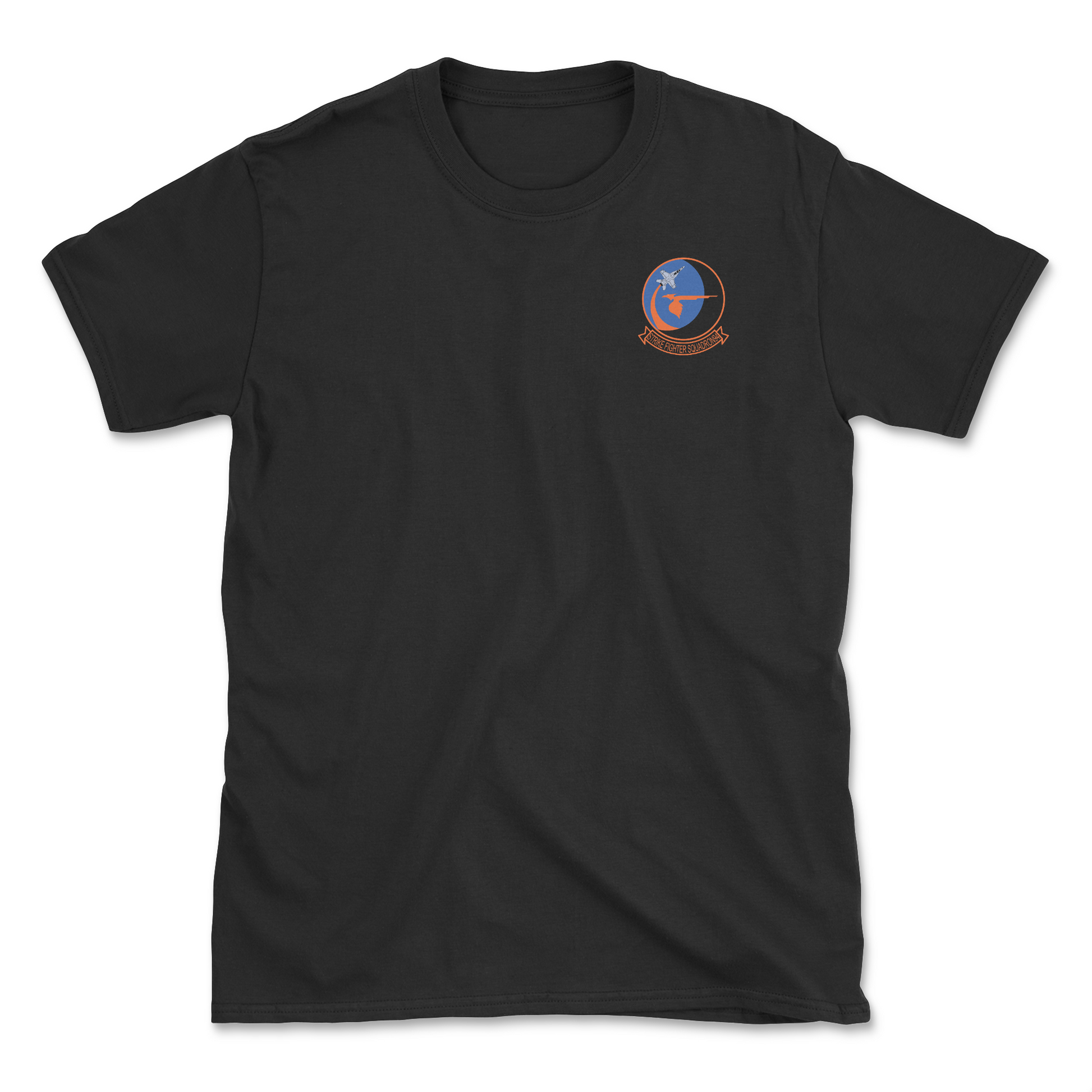 Black t-shirt with squadron patch.