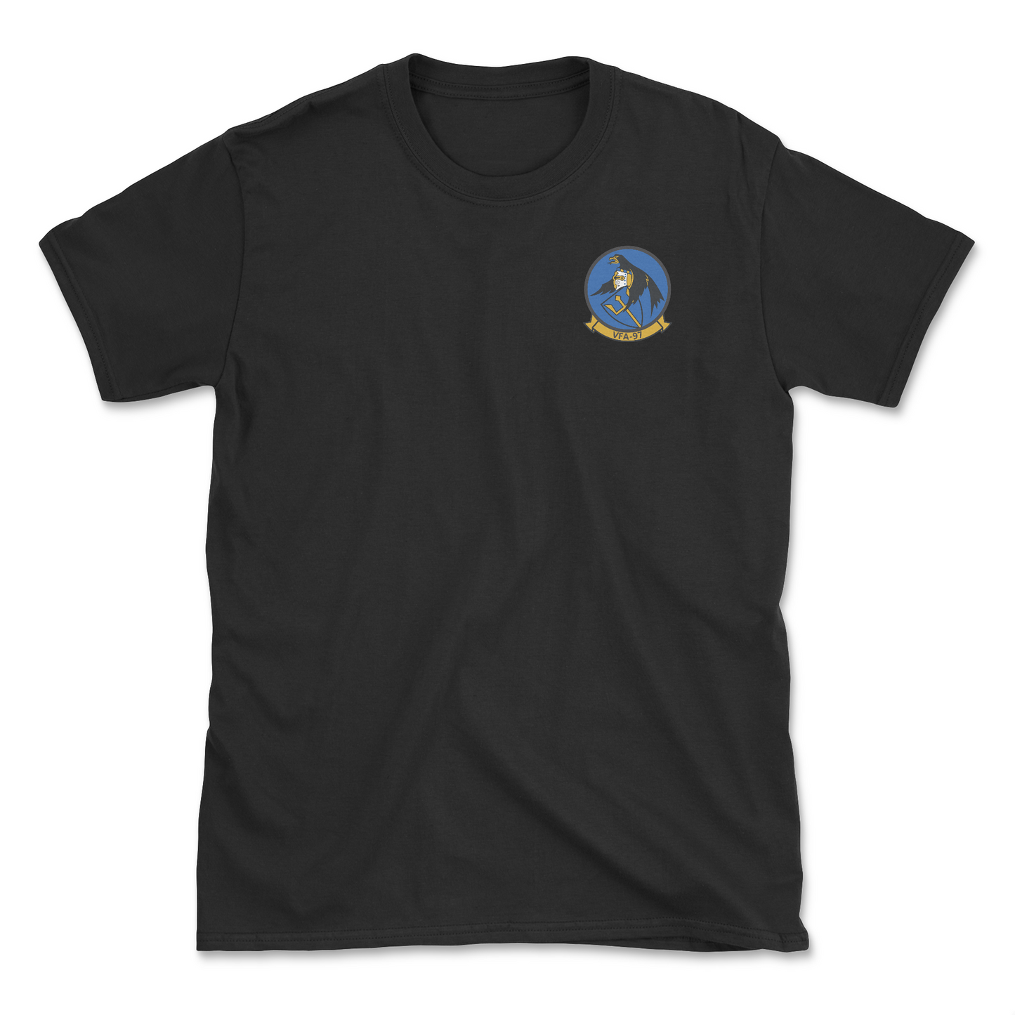 Black t-shirt with squadron patch.
