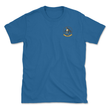 Royal blue t-shirt with squadron patch.