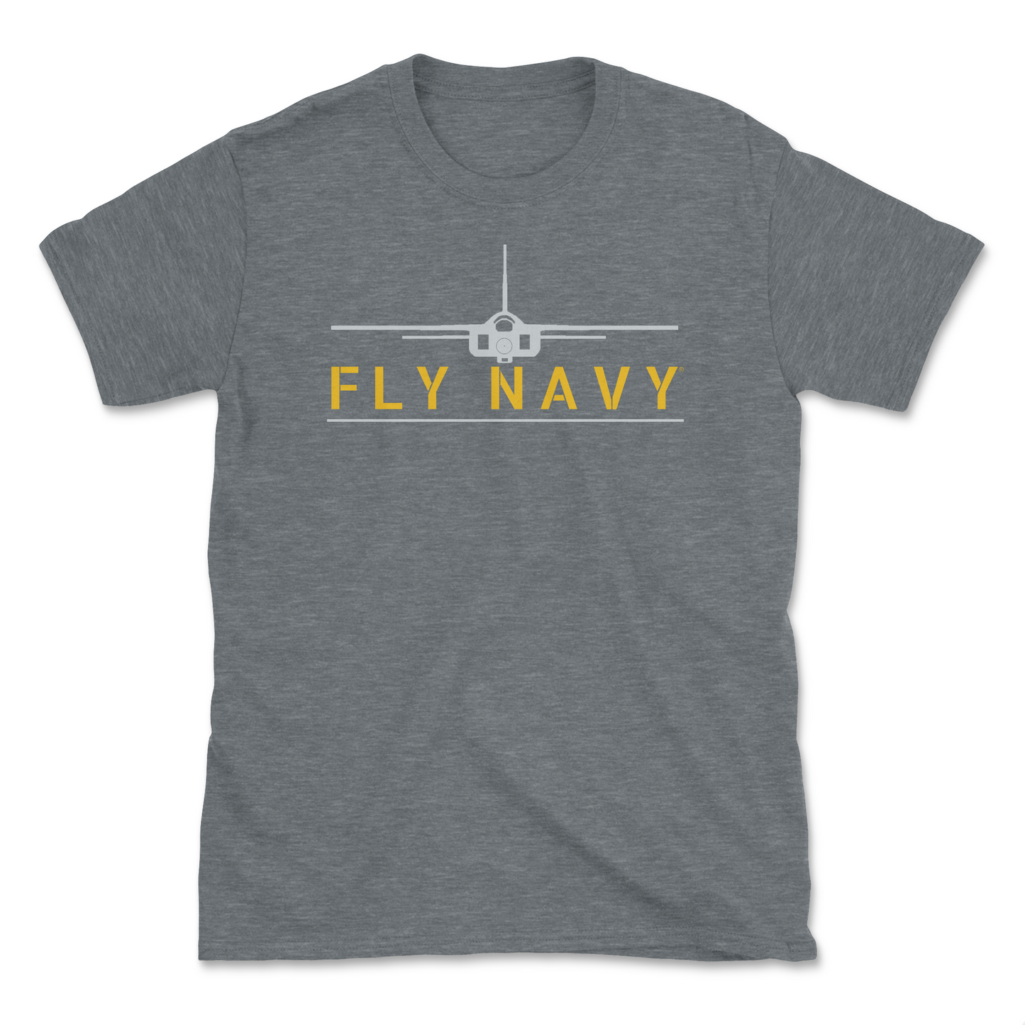 A heather grey-colored t-shirt with 'FLY NAVY' text and a graphic of the A-5 Vigilante aircraft.
