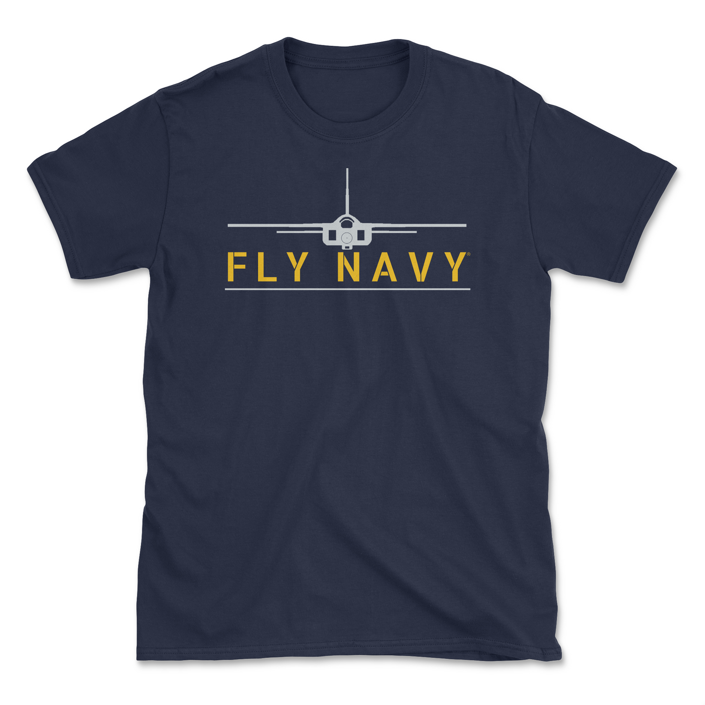 A navy blue-colored t-shirt with 'FLY NAVY' text and a graphic of the A-5 Vigilante aircraft.