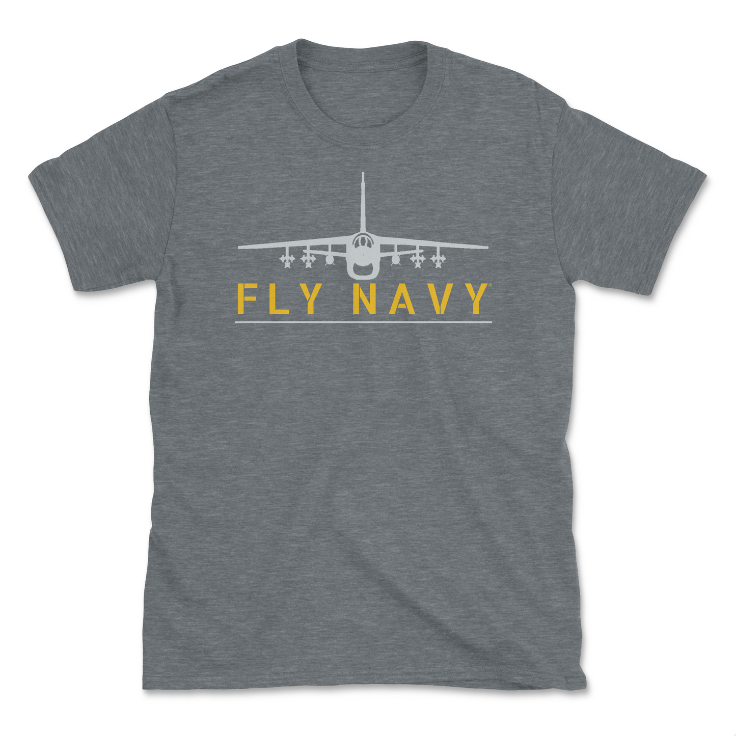 A grey heather-colored t-shirt with 'FLY NAVY' text and a graphic of the A-7 Corsair II aircraft.