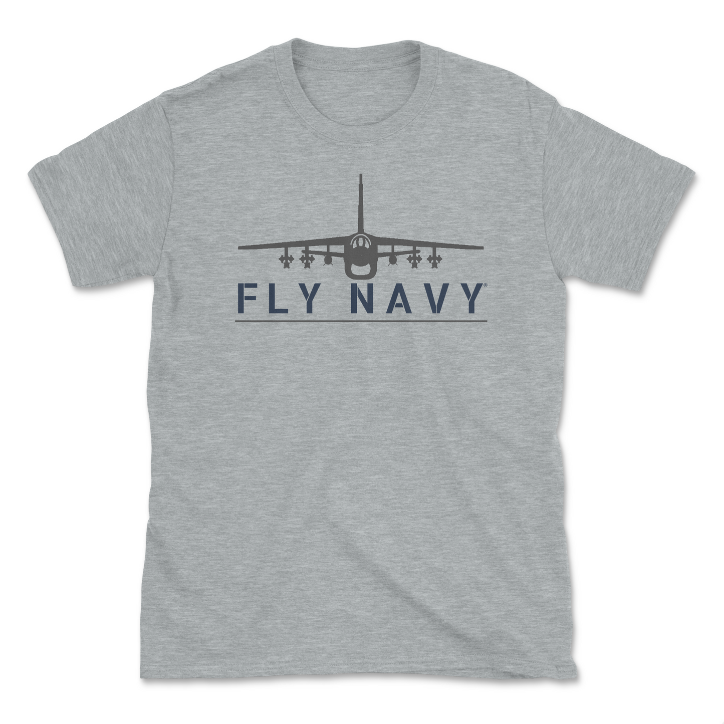 A light grey heather-colored t-shirt with 'FLY NAVY' text and a graphic of the A-7 Corsair II aircraft.