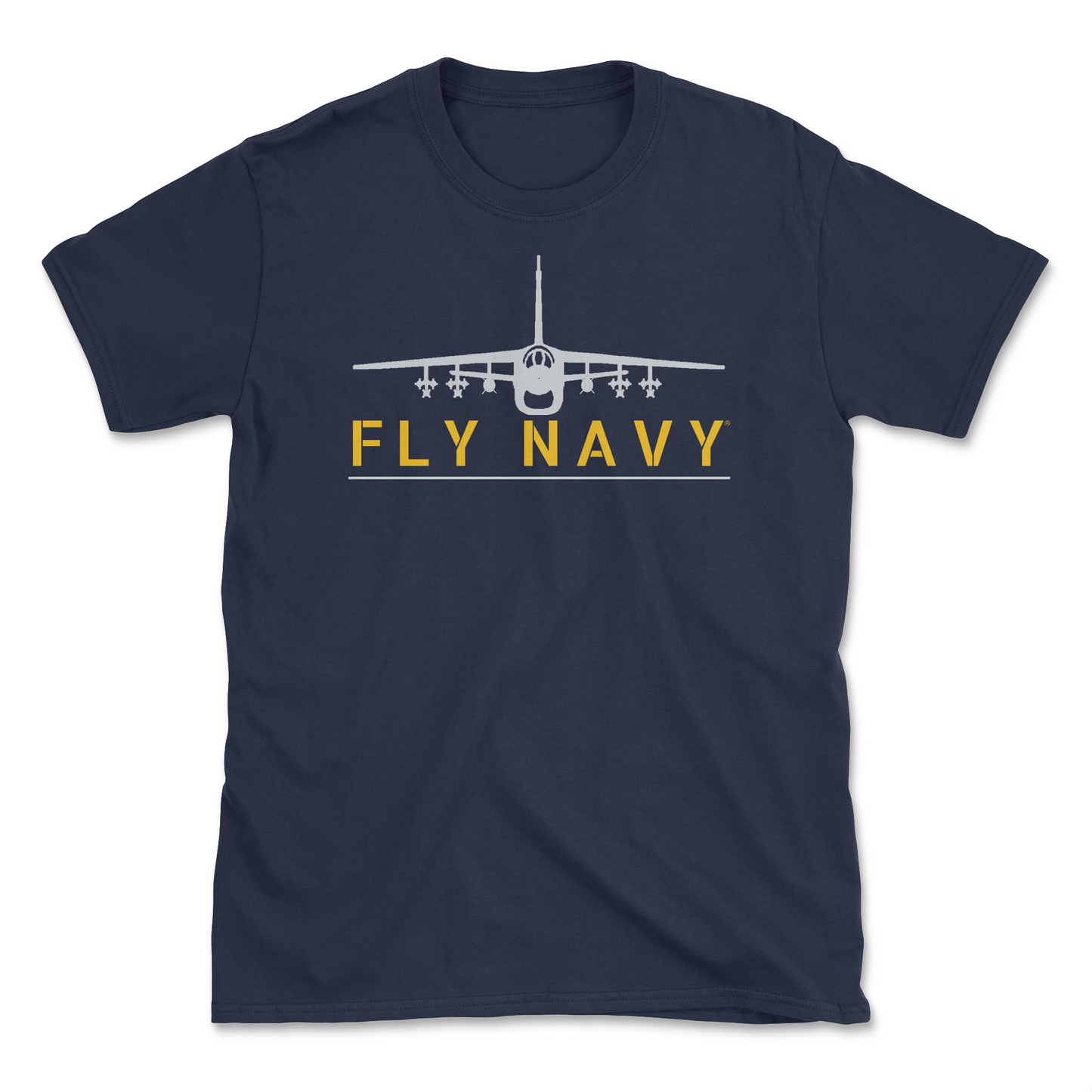 A blue-colored t-shirt with 'FLY NAVY' text and a graphic of the A-7 Corsair II aircraft.