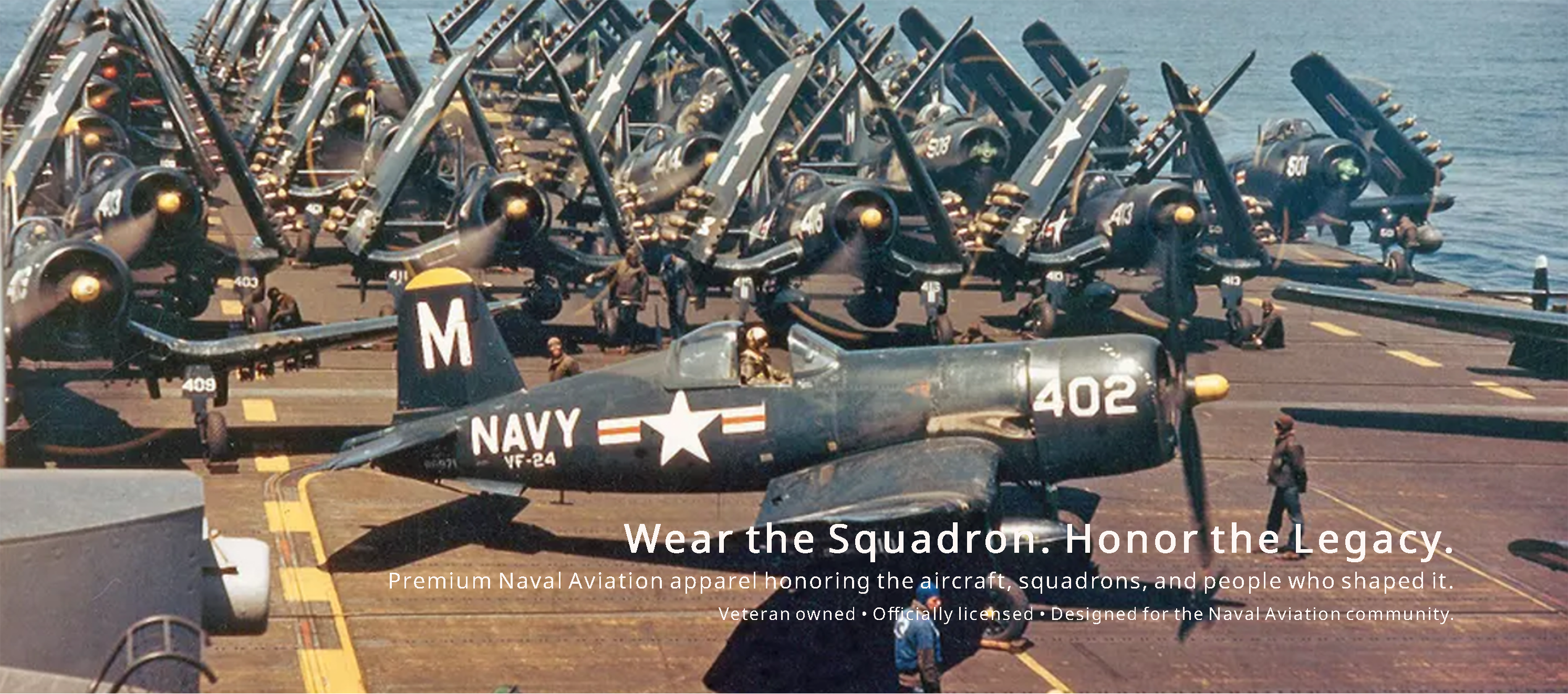 Vintage military aircraft on an aircraft carrier with text overlay.
