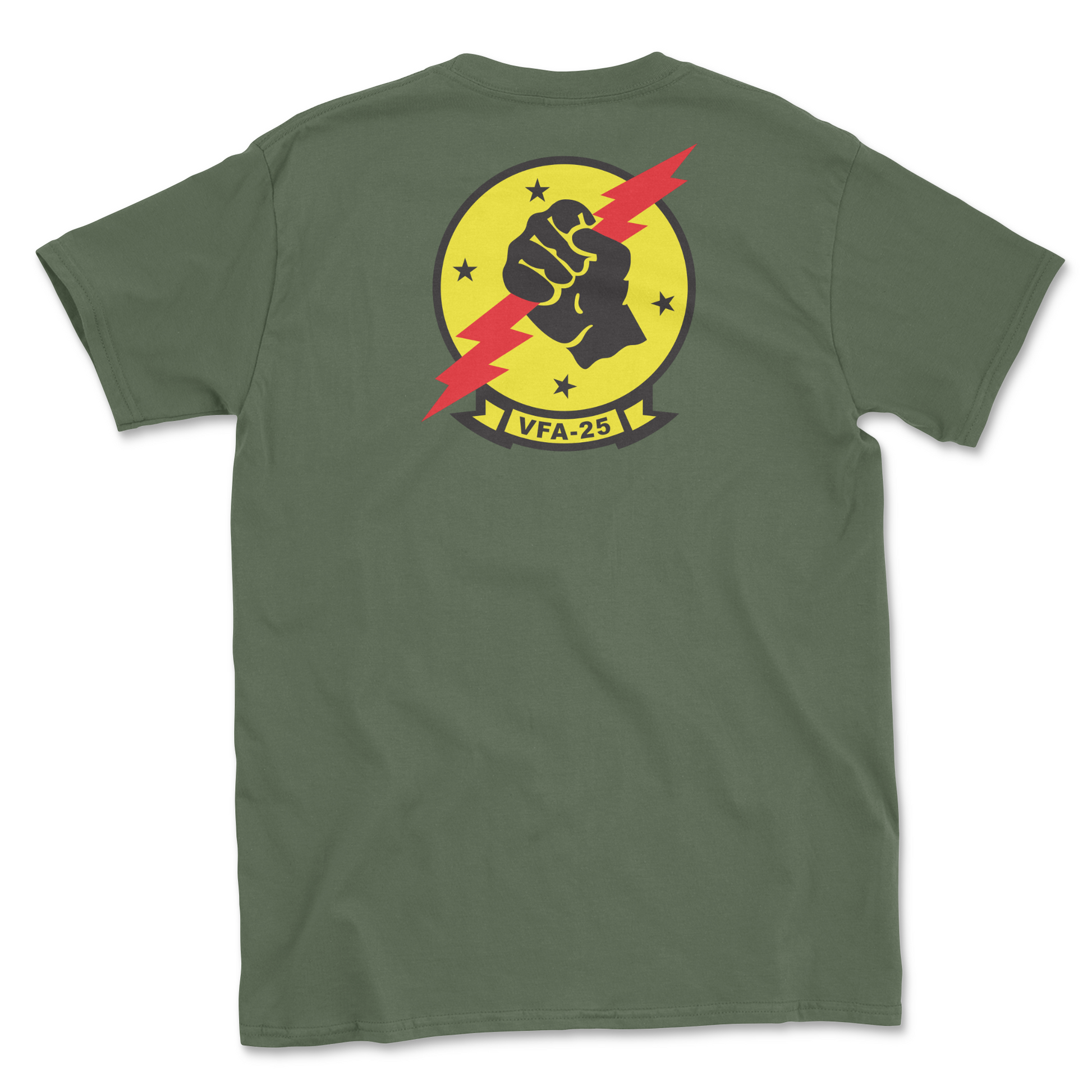 Military green t-shirt with squadron patch.