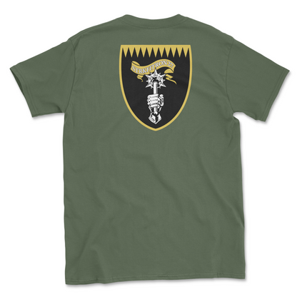 Military green t-shirt with squadron patch.