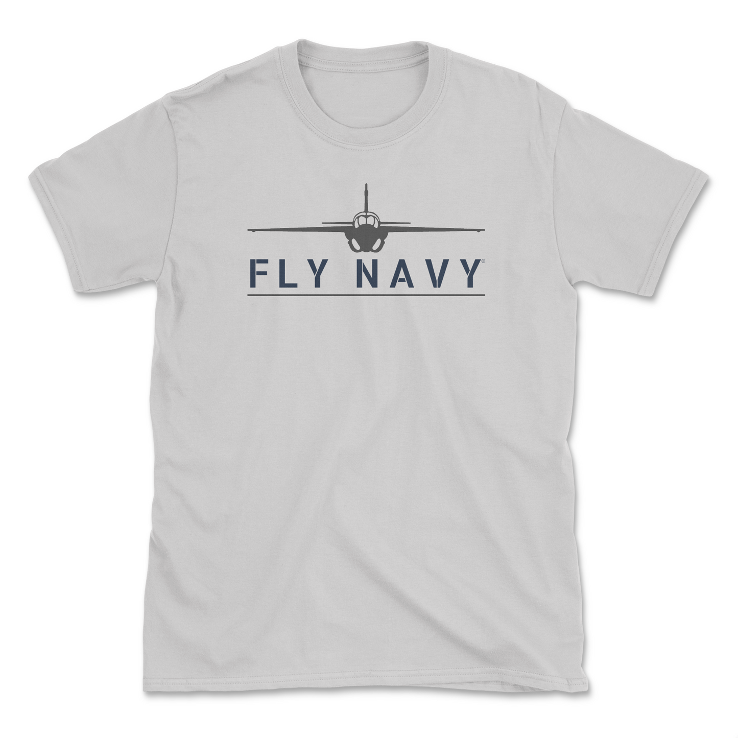 A light grey-colored t-shirt with 'FLY NAVY' text and a graphic of the A-6 Intruder aircraft.
