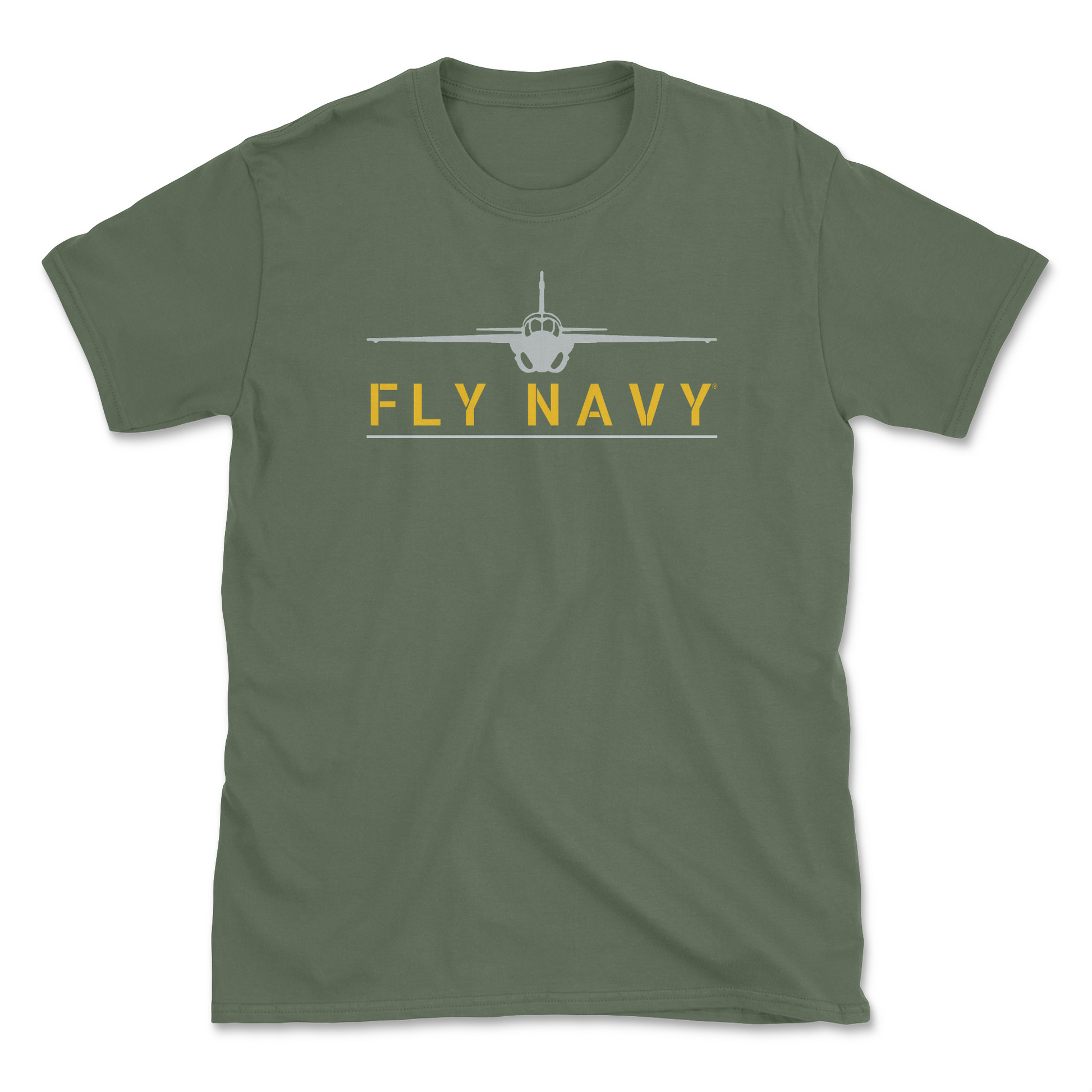 A military green-colored t-shirt with 'FLY NAVY' text and a graphic of the A-6 Intruder aircraft.