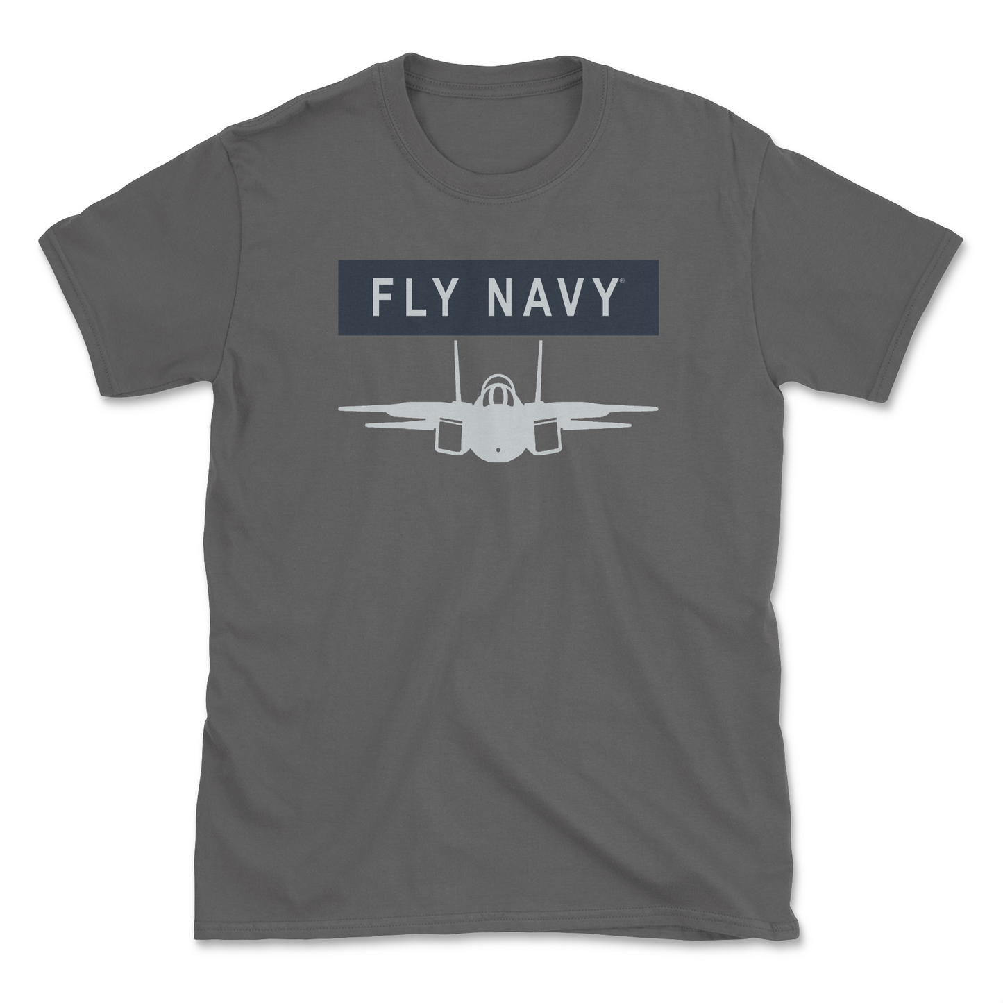 A charcoal-colored t-shirt with 'FLY NAVY' text and a graphic of the F-14 Tomcat aircraft.