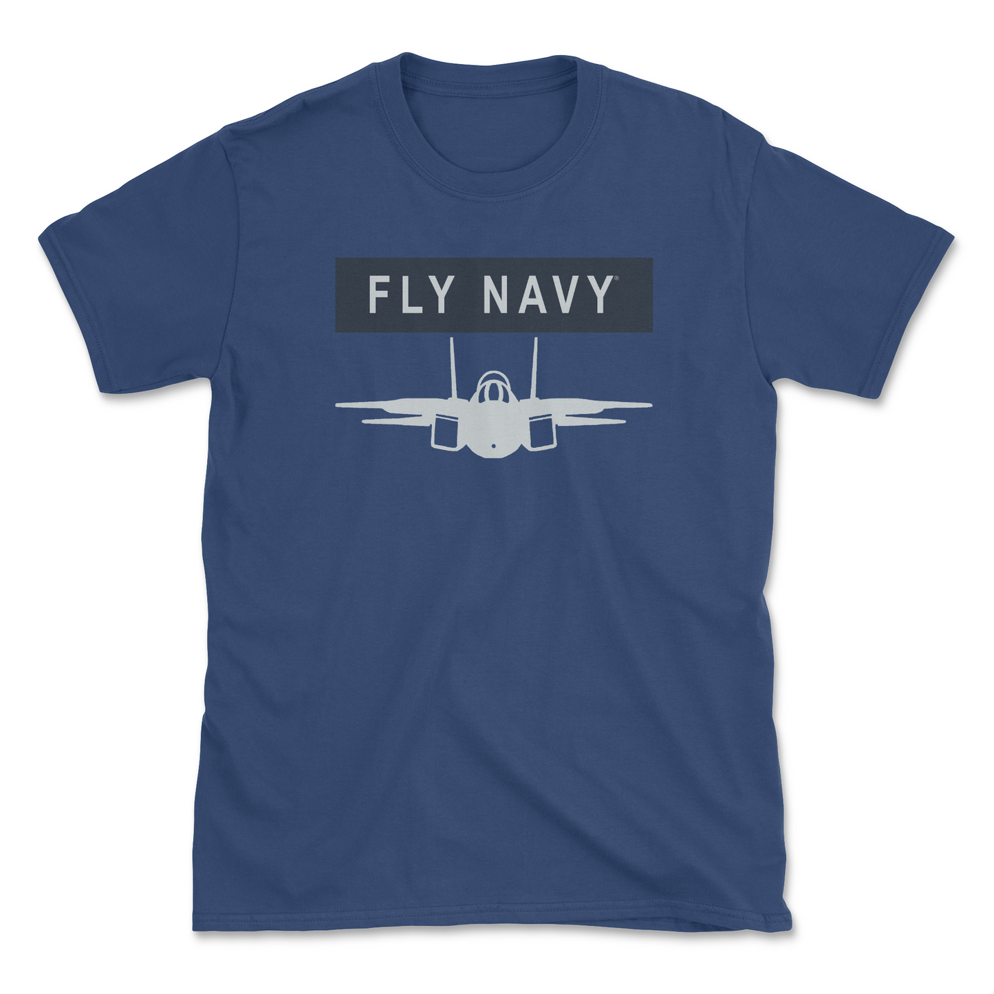 A blue-colored t-shirt with 'FLY NAVY' text and a graphic of the F-14 Tomcat aircraft.