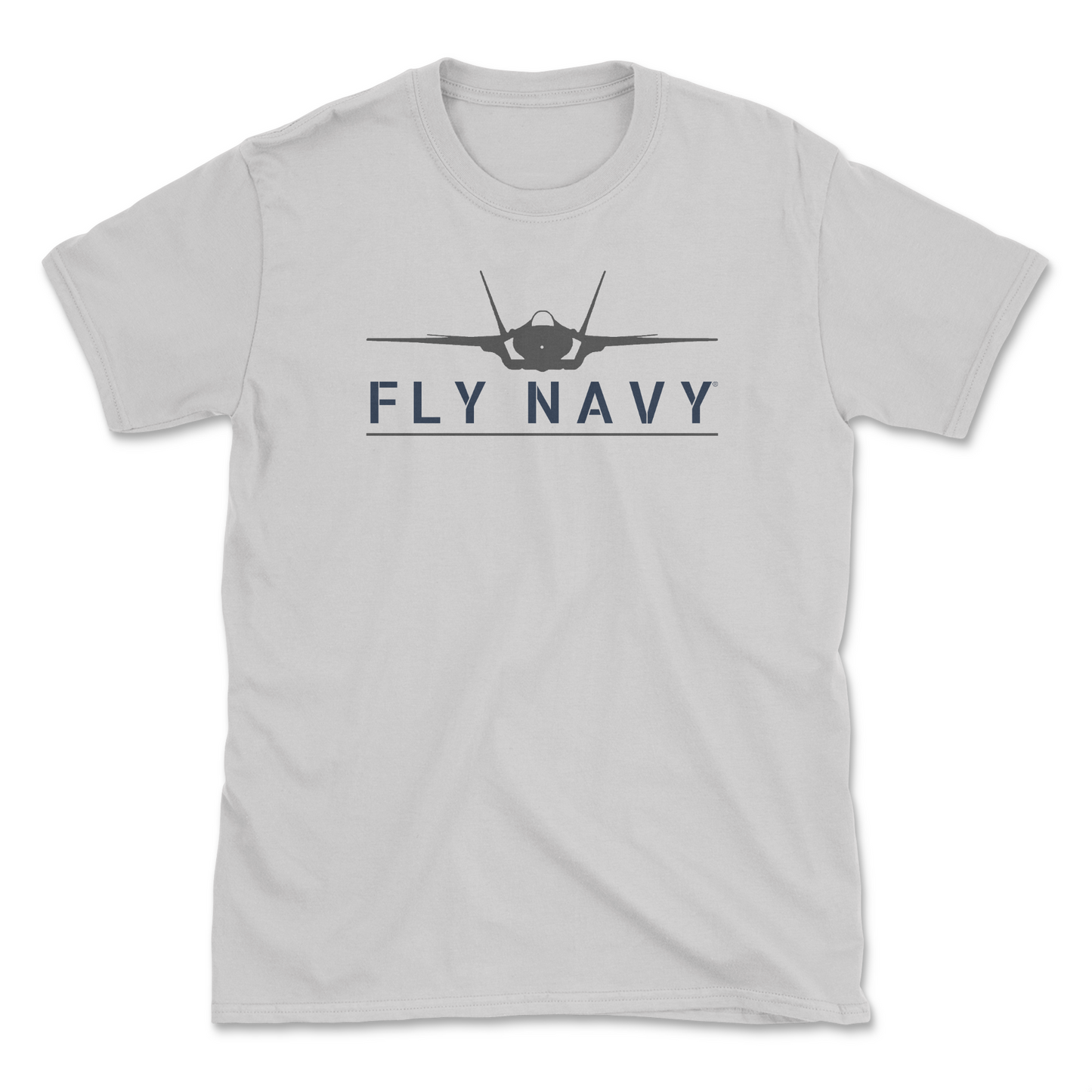 A light grey-colored t-shirt with 'FLY NAVY' text and a graphic of the F-35 Lightening II aircraft.