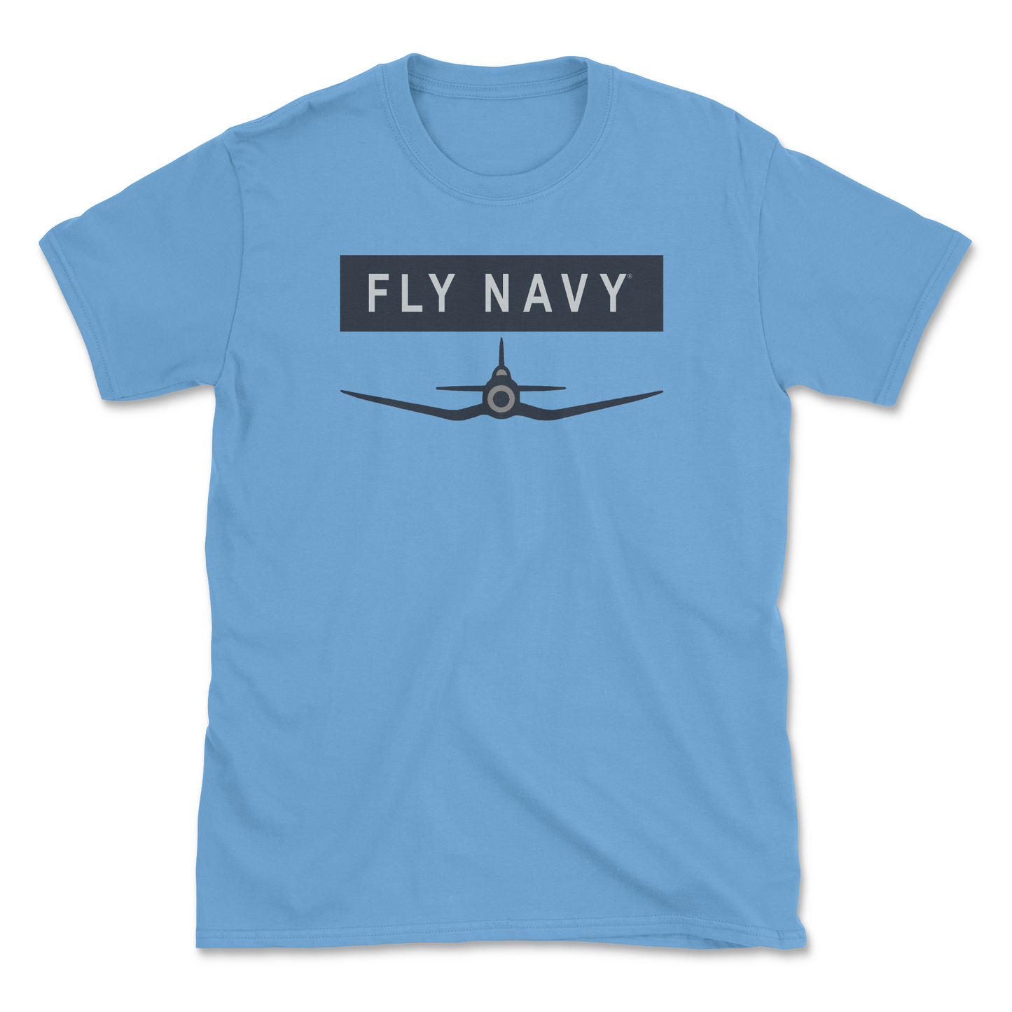 A blue-colored t-shirt with 'FLY NAVY' text and a graphic of the F4U Corsair aircraft.