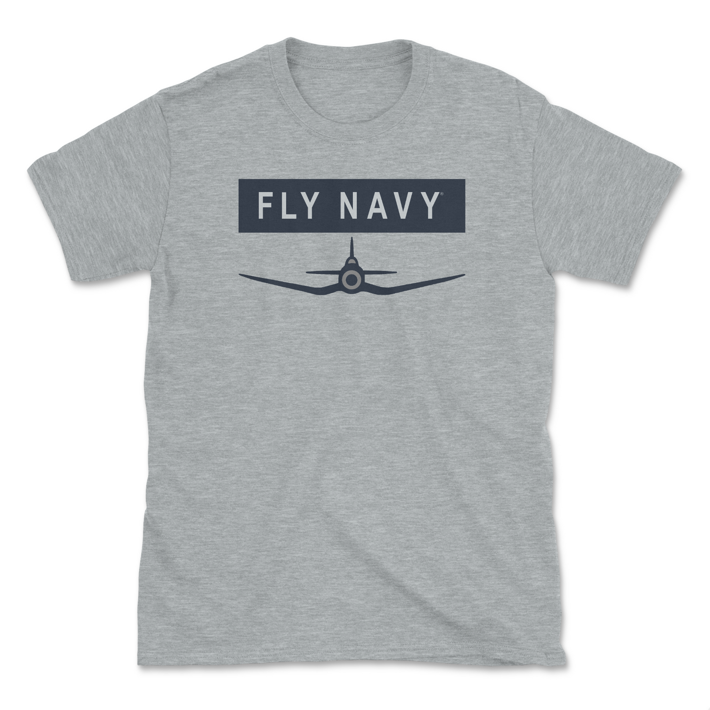 A grey heather-colored t-shirt with 'FLY NAVY' text and a graphic of the F4U Corsair aircraft.