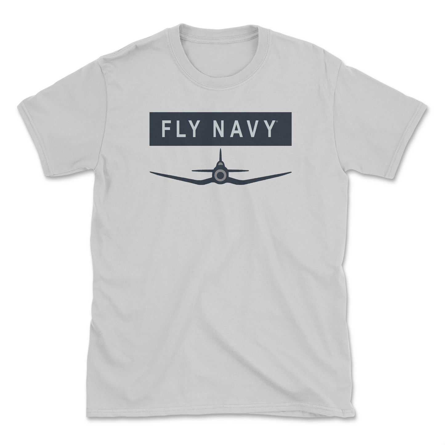 A light grey-colored t-shirt with 'FLY NAVY' text and a graphic of the F4U Corsair aircraft.