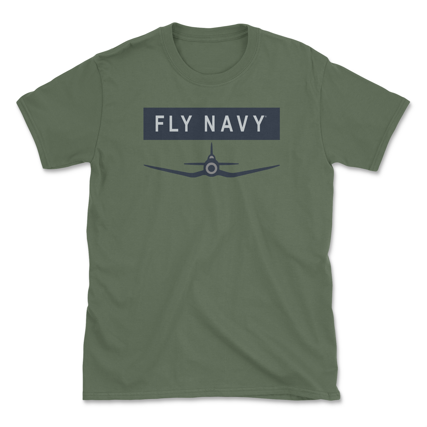 A military green-colored t-shirt with 'FLY NAVY' text and a graphic of the F4U Corsair aircraft.