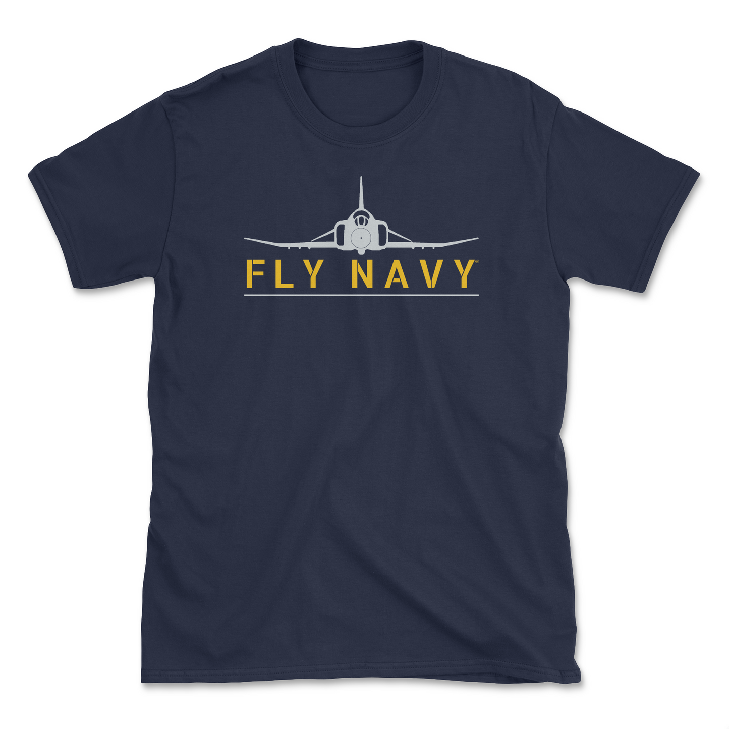 A navy blue-colored t-shirt with 'FLY NAVY' text and a graphic of the F-4 Phantom II aircraft.