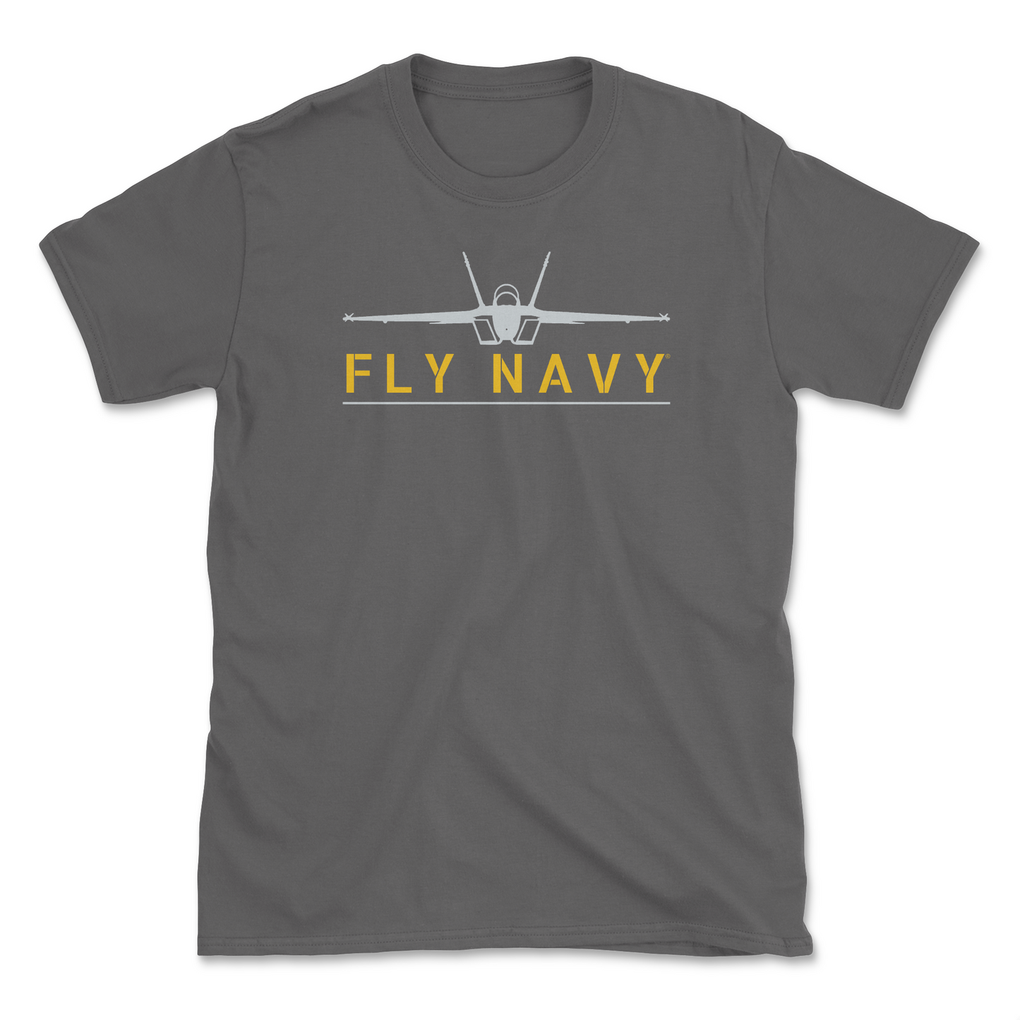 A charcoal-colored t-shirt with 'FLY NAVY' text and a graphic of the F/A-18 Super Hornet aircraft.