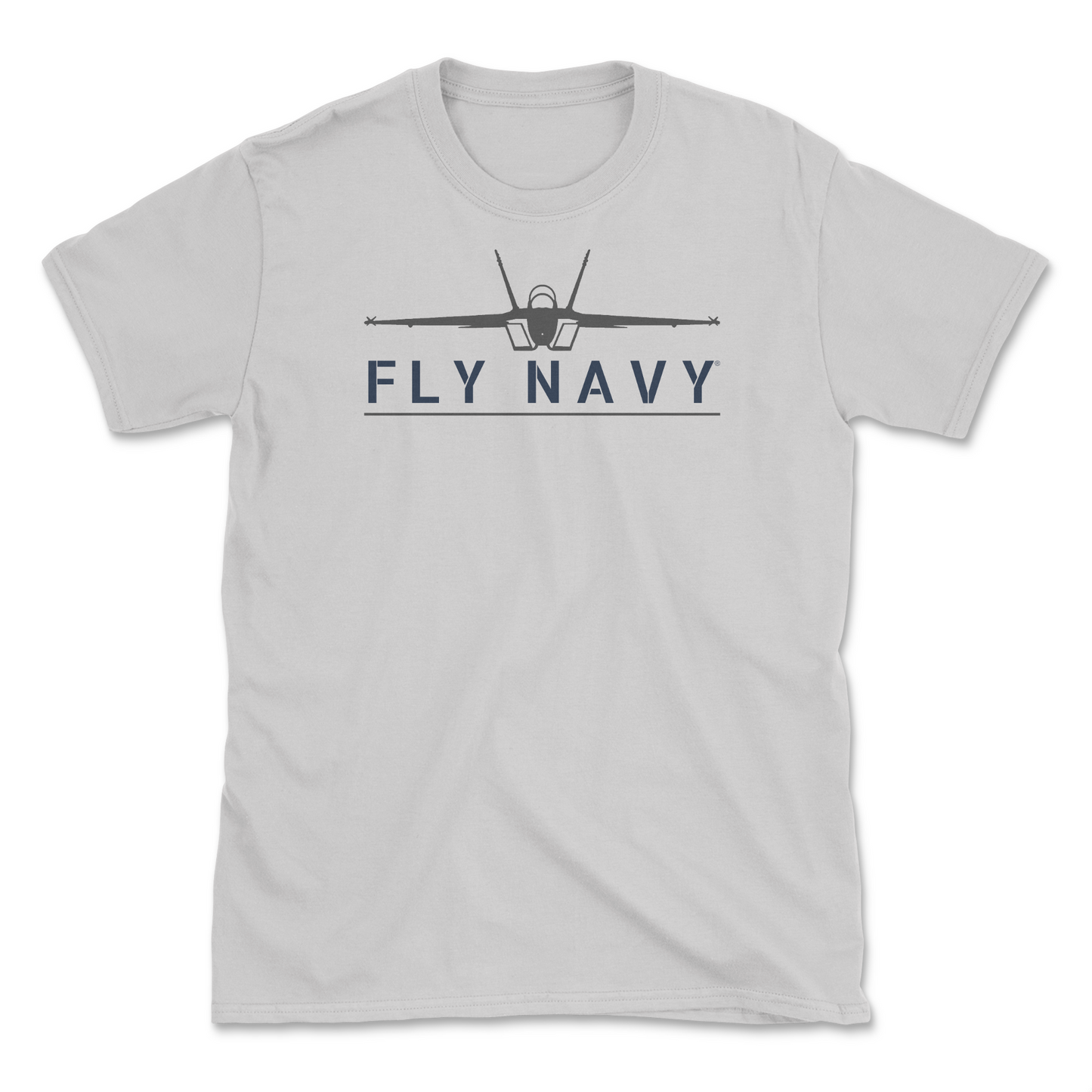 A light grey-colored t-shirt with 'FLY NAVY' text and a graphic of the F/A-18 Super Hornet aircraft.