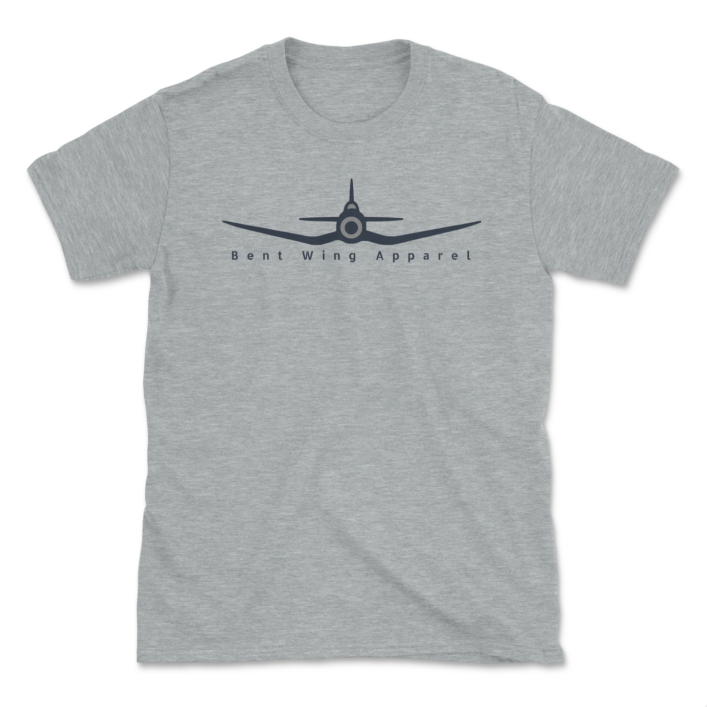 A light heather grey crew neck t-shirt with a graphic of the F4U Corsair airplane and the text 'Bent Wing Apparel' on the front.