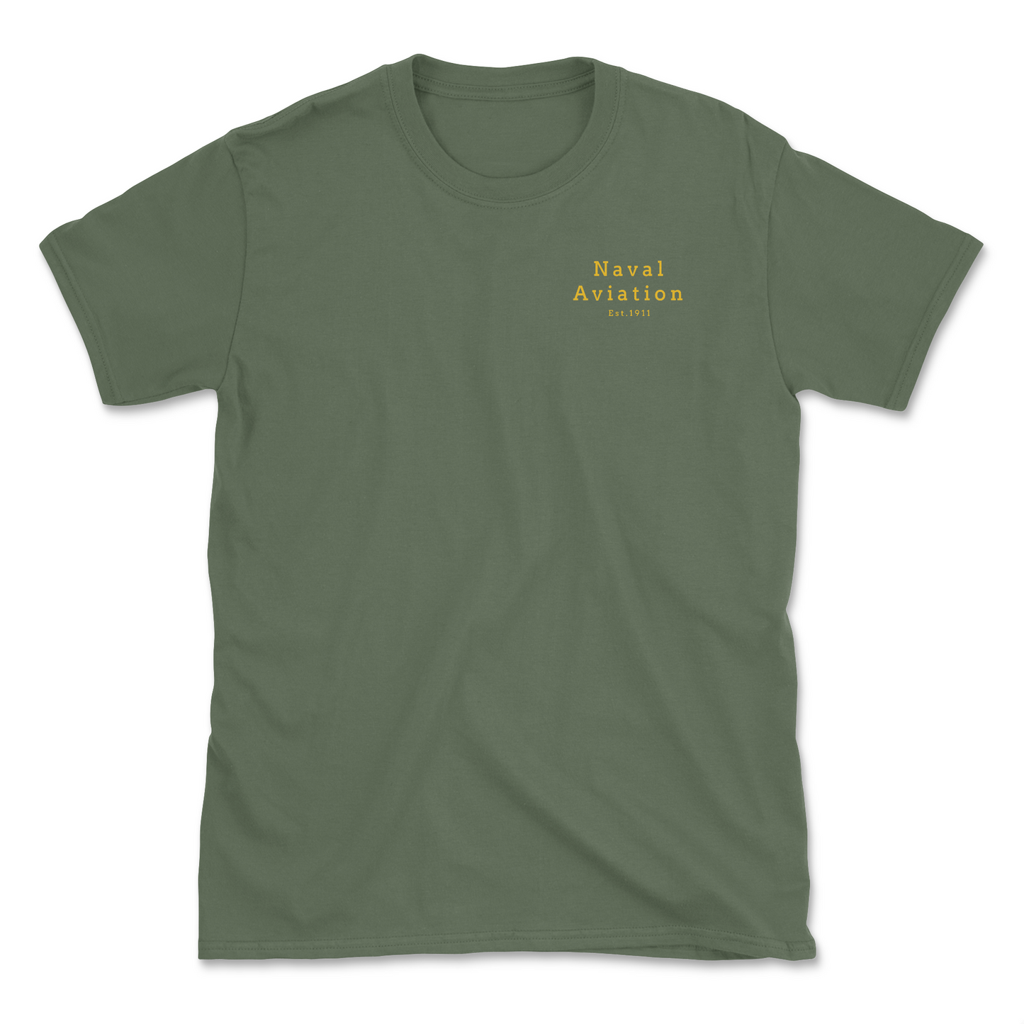 A military green-colored t-shirt with 'Naval Aviation' printed in gold lettering on the upper left chest area.