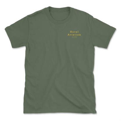 A military green-colored t-shirt with 'Naval Aviation' printed in gold lettering on the upper left chest area.