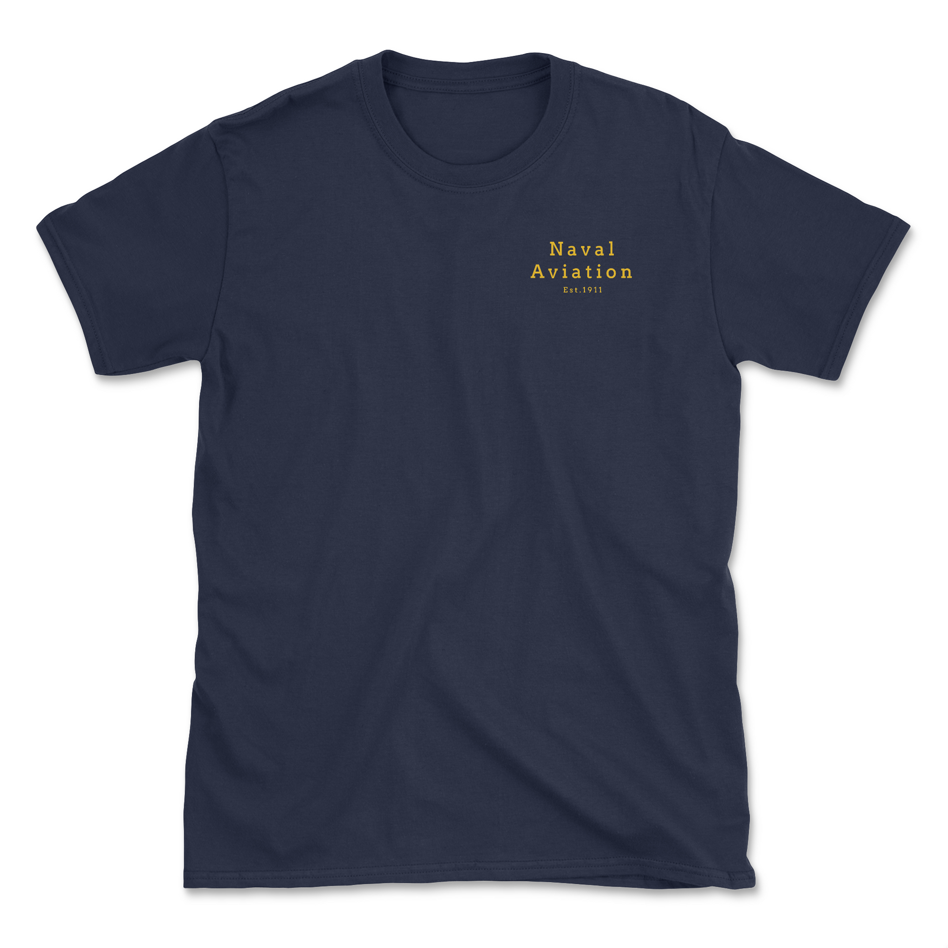 A navy-colored t-shirt with 'Naval Aviation' printed in gold lettering on the upper left chest area.