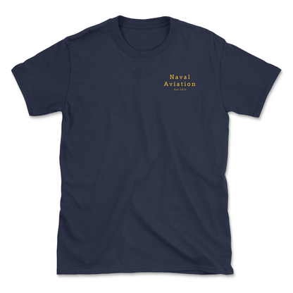 A navy-colored t-shirt with 'Naval Aviation' printed in gold lettering on the upper left chest area.