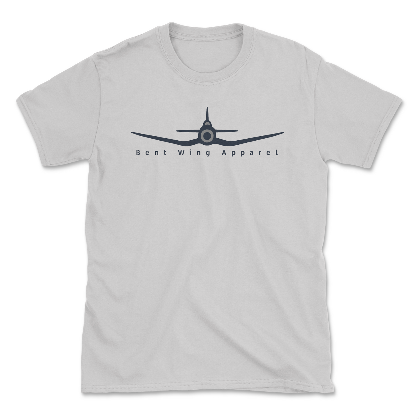 A light grey crew neck t-shirt with a graphic of the F4U Corsair airplane and the text 'Bent Wing Apparel' on the front.