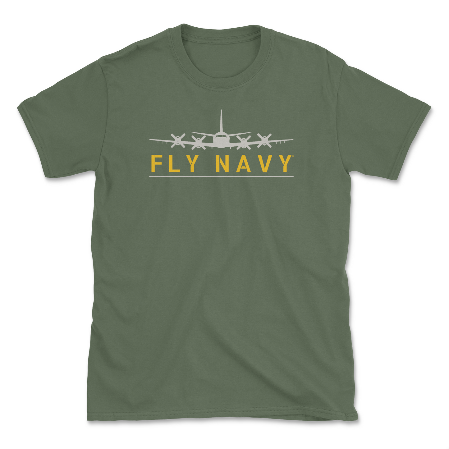 A military green-colored t-shirt with 'FLY NAVY' text and a graphic of the P-3 Orion aircraft.