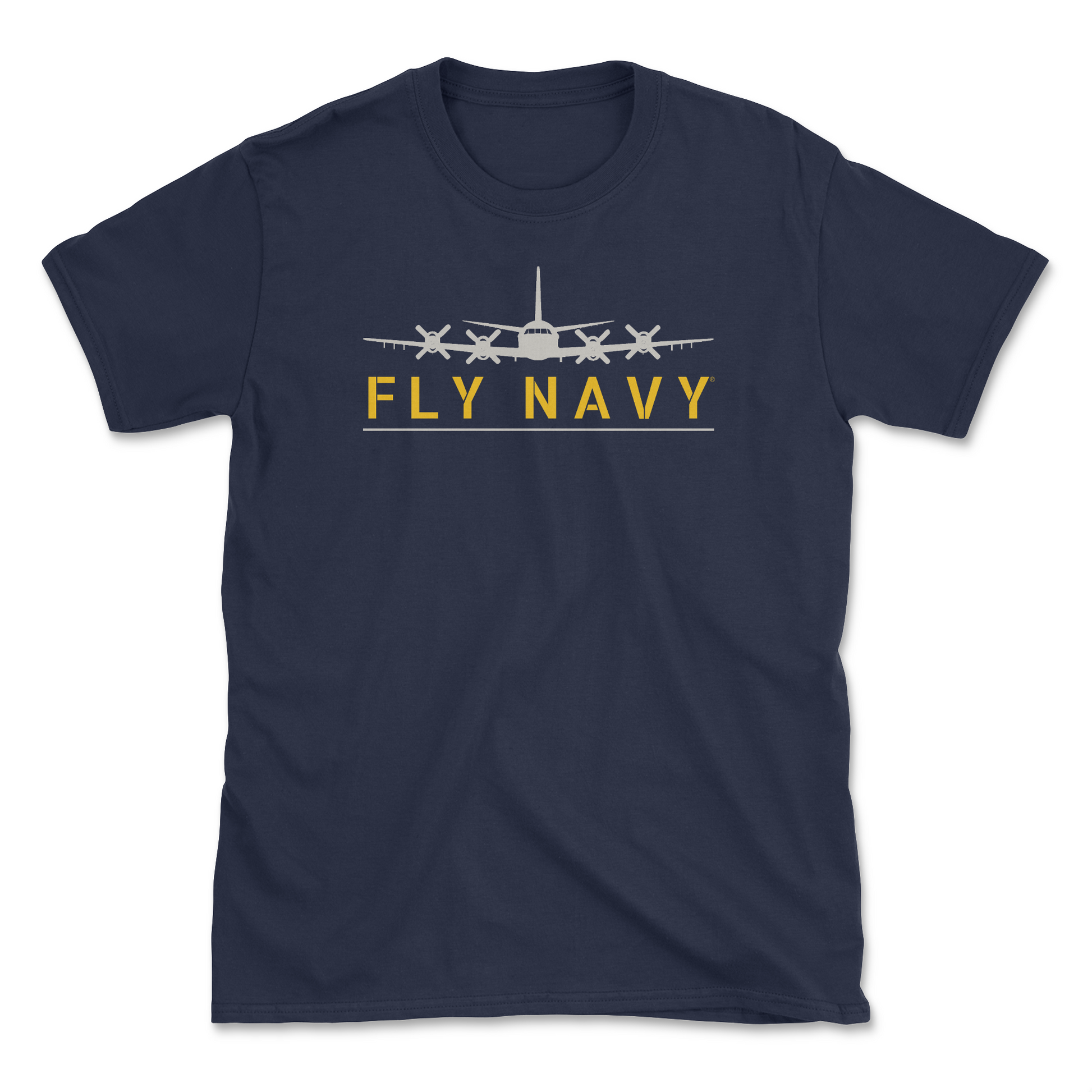 A navy-colored t-shirt with 'FLY NAVY' text and a graphic of the P-3 Orion aircraft.