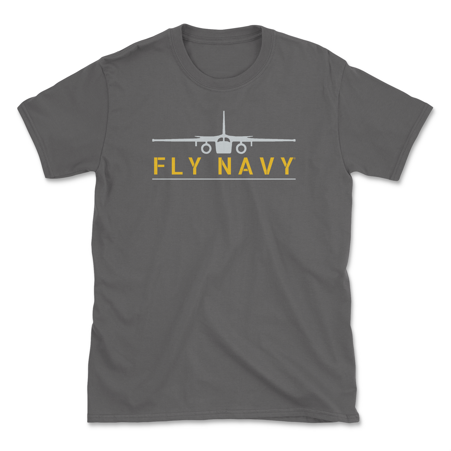 A charcoal-colored t-shirt with 'FLY NAVY' text and a graphic of the S-3 Viking aircraft.