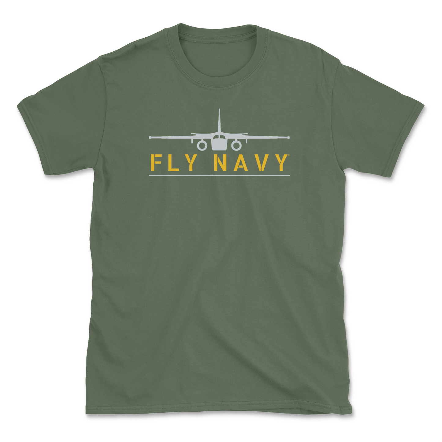 A military green-colored t-shirt with 'FLY NAVY' text and a graphic of the S-3 Viking aircraft.