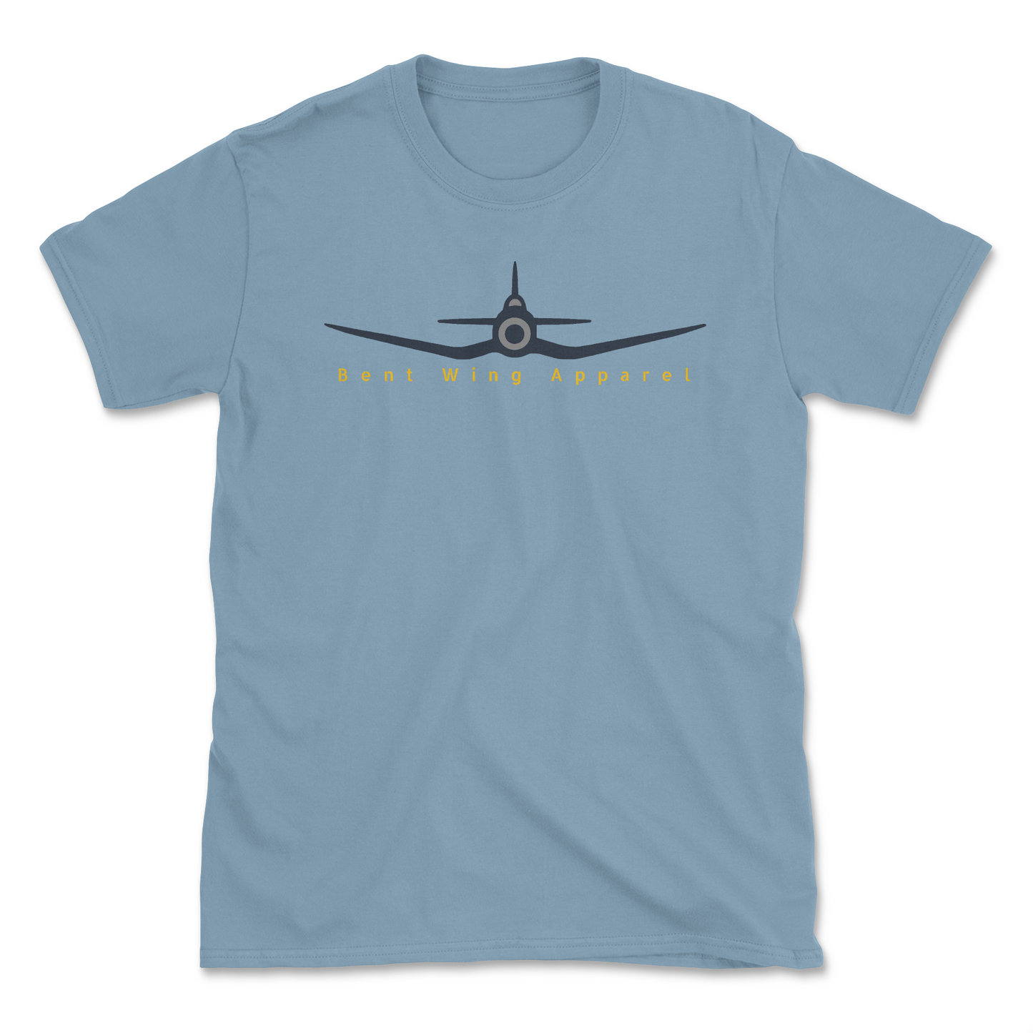 A blue crew neck t-shirt with a graphic of the F4U Corsair airplane and the text 'Bent Wing Apparel' on the front.