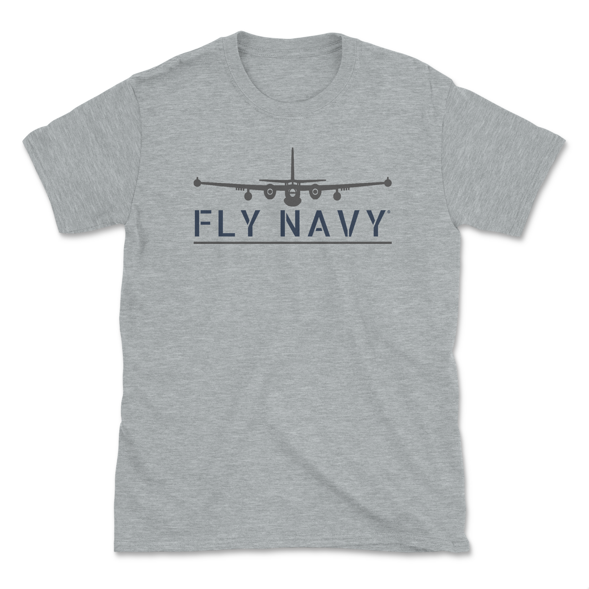A heather sport gray-colored t-shirt with 'FLY NAVY' text and a graphic of the P2V Neptune aircraft.