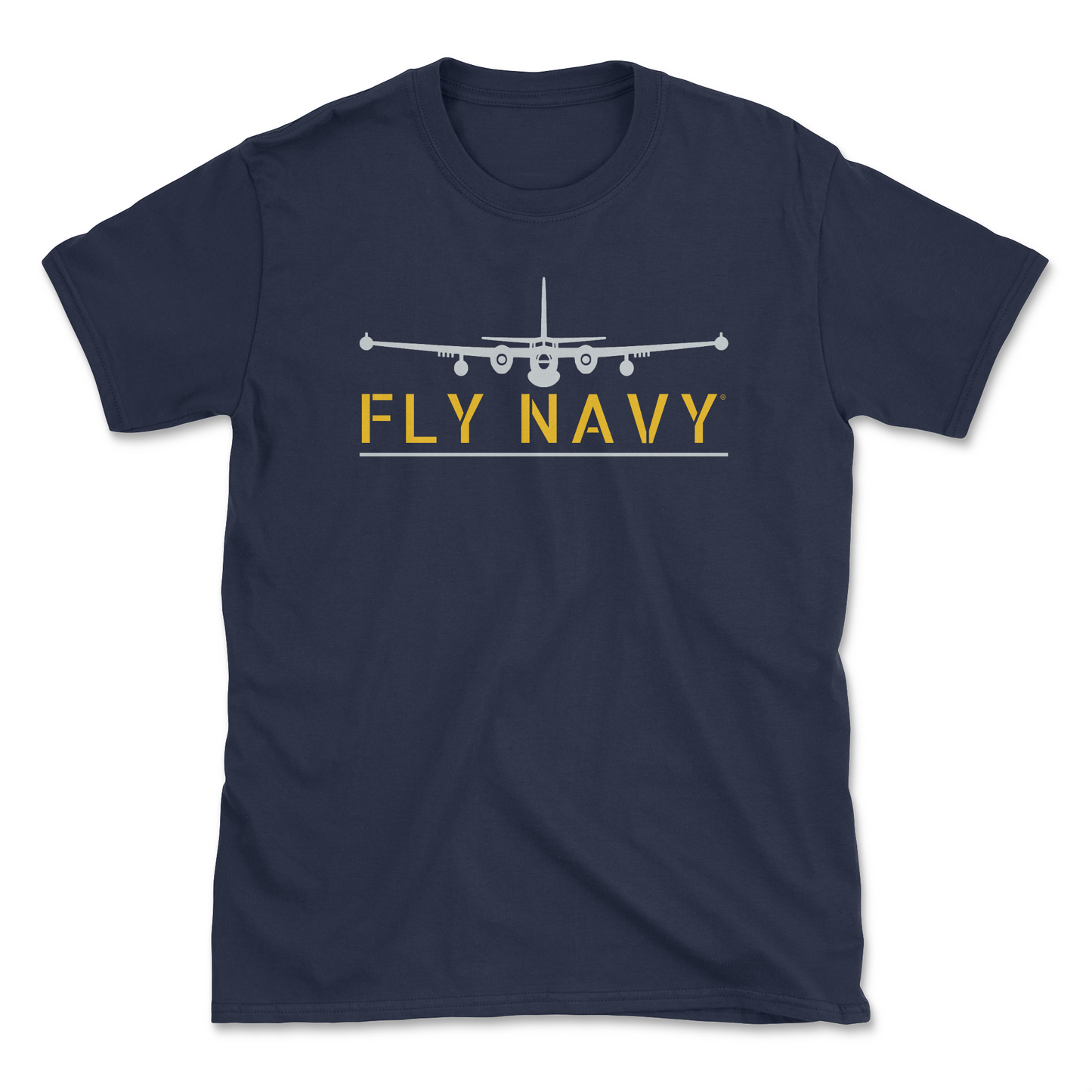 A navy-colored t-shirt with 'FLY NAVY' text and a graphic of the P2V Neptune aircraft.